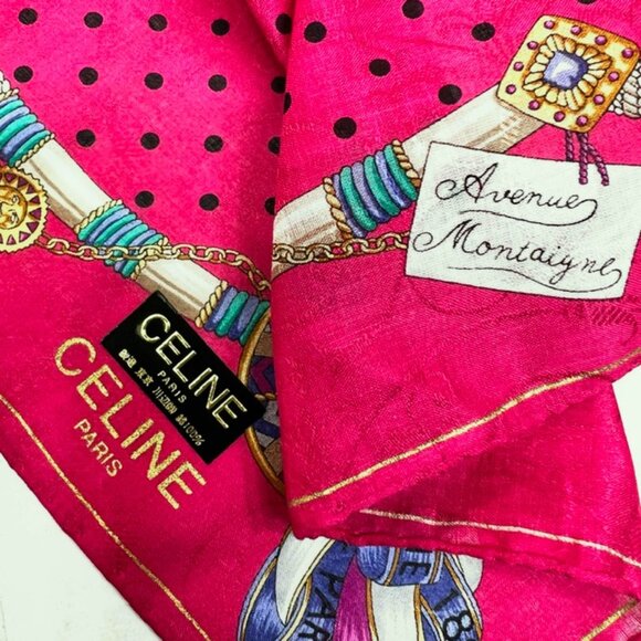 Tag On CELINE  Paris  Avenue Montaignez MiniScarf 21"  Cottn/Silk Dark Pink  (54 - Picture 6 of 8